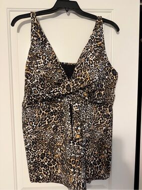 Swimsuits For All Leopard Print V-Neck Tankini Top - Black, Brown, Tan